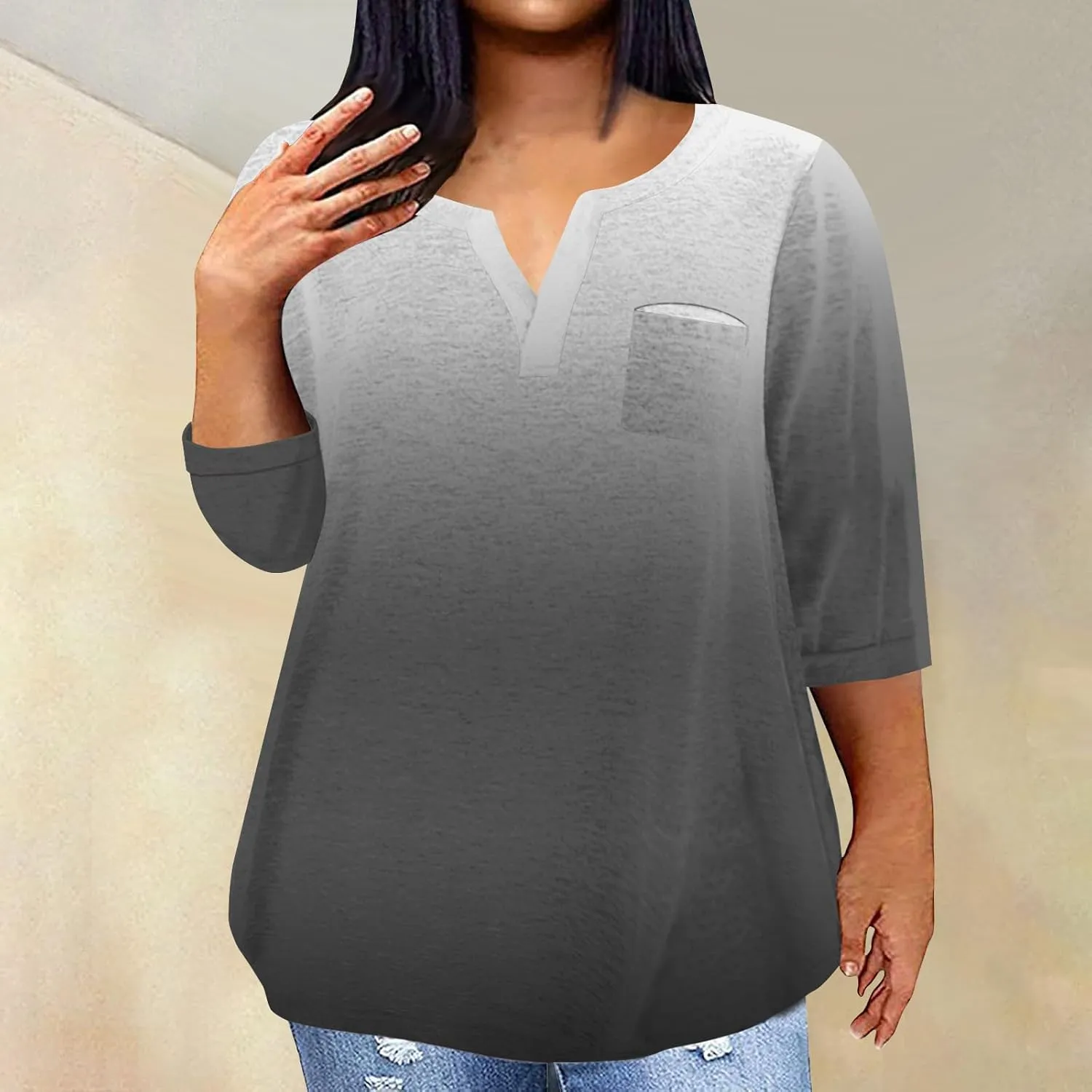 3/4 Sleeve Women Tops Winter Tops Dressy Casual Elbow Length Sleeve Vneck Shirts Tie Dye Gradient Loose Fall Clothing