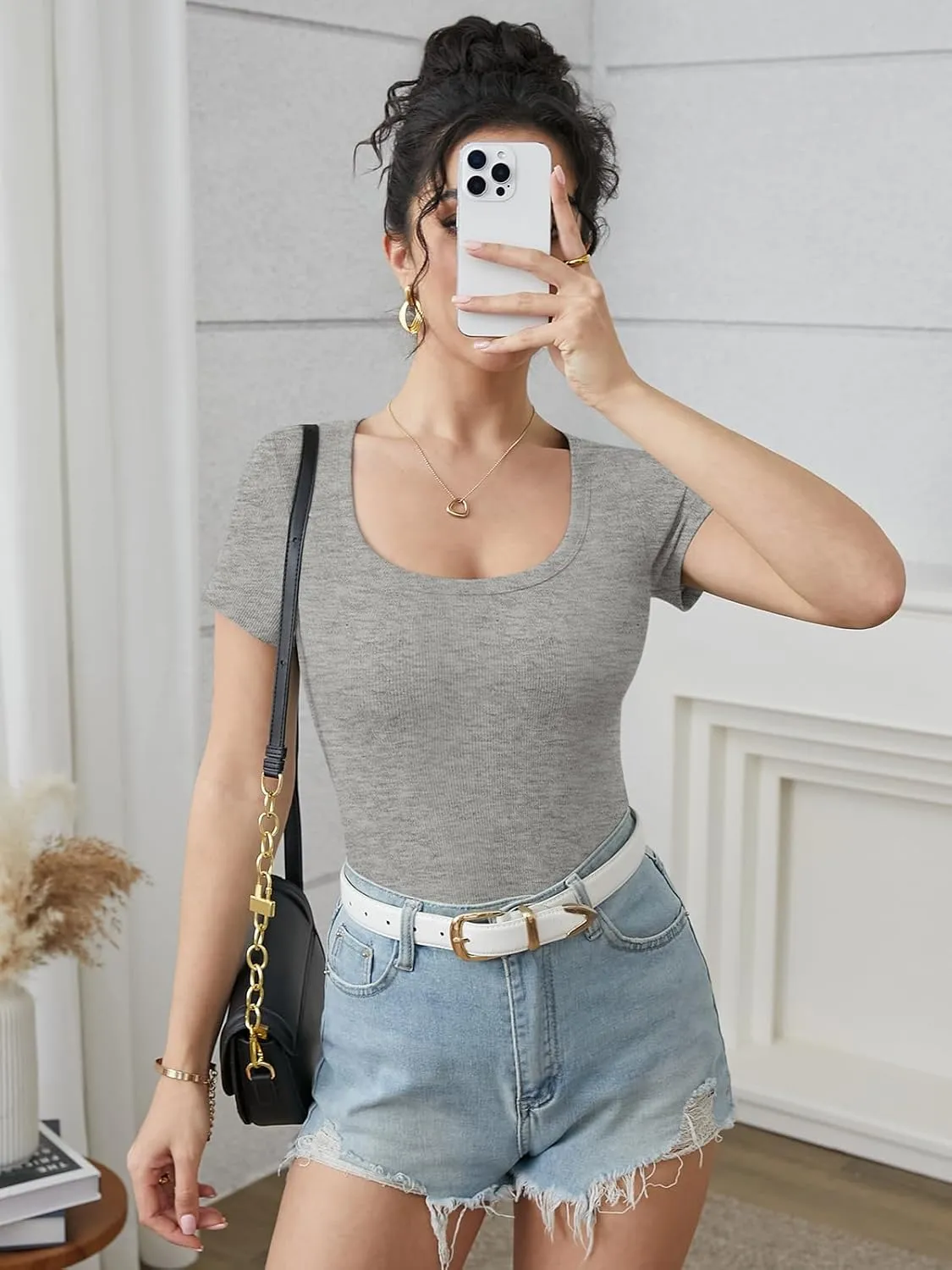 ATHMILE Womens Tops Ribbed Scoop Neck Knit Slim Fitted Casual Basic Tee Shirts for Women Fashion Trendy 2025