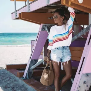 Color Block Top Block Long Sleeve Stripe T-Shirt Striped Rainbow O Neck Basic Tshirt