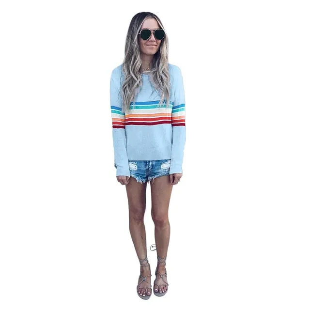 Color Block Top Block Long Sleeve Stripe T-Shirt Striped Rainbow O Neck Basic Tshirt