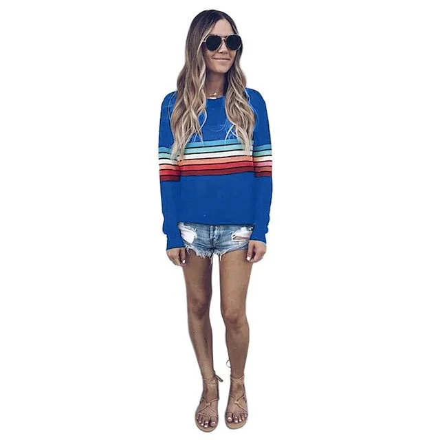 Color Block Top Block Long Sleeve Stripe T-Shirt Striped Rainbow O Neck Basic Tshirt