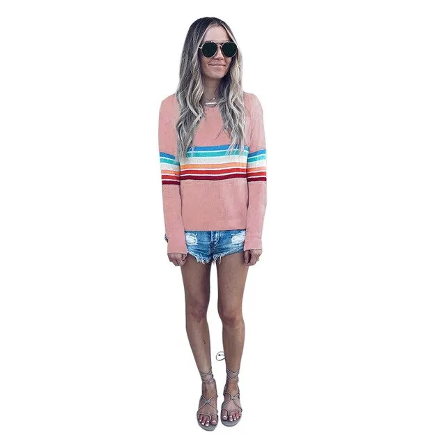 Color Block Top Block Long Sleeve Stripe T-Shirt Striped Rainbow O Neck Basic Tshirt