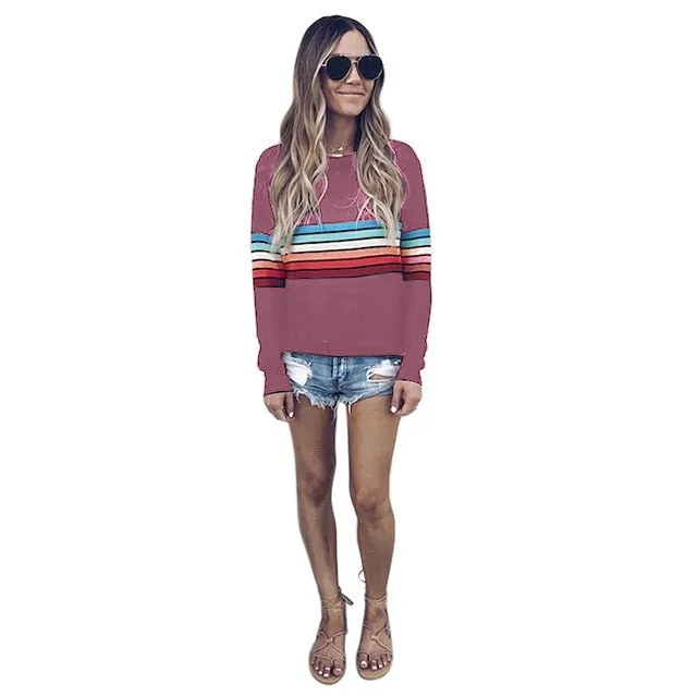 Color Block Top Block Long Sleeve Stripe T-Shirt Striped Rainbow O Neck Basic Tshirt