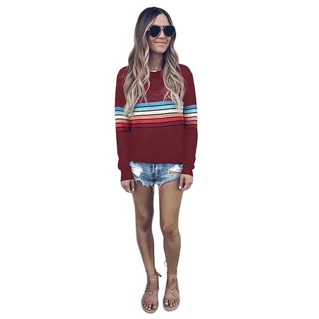 Color Block Top Block Long Sleeve Stripe T-Shirt Striped Rainbow O Neck Basic Tshirt