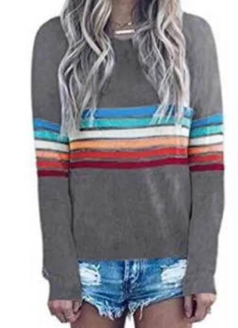 Color Block Top Block Long Sleeve Stripe T-Shirt Striped Rainbow O Neck Basic Tshirt