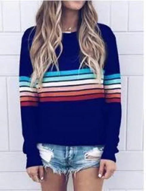 Color Block Top Block Long Sleeve Stripe T-Shirt Striped Rainbow O Neck Basic Tshirt