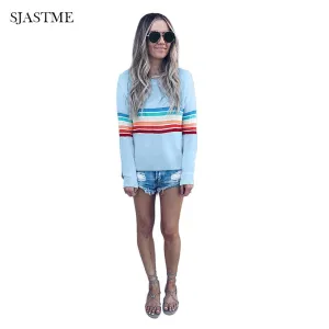Color Block Top Women Casual Top Rainbow Stripe Printed T-Shirt Crew Neck Long Sleeve Loose Fit