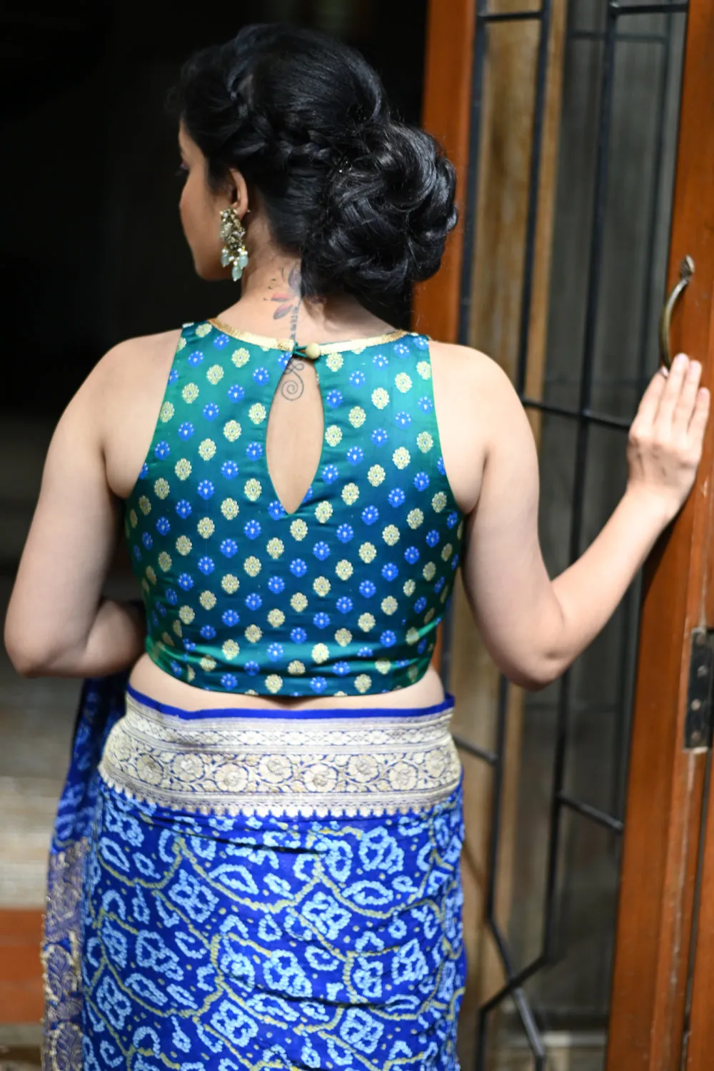 Darkcyan & gold brocade V neck blouse