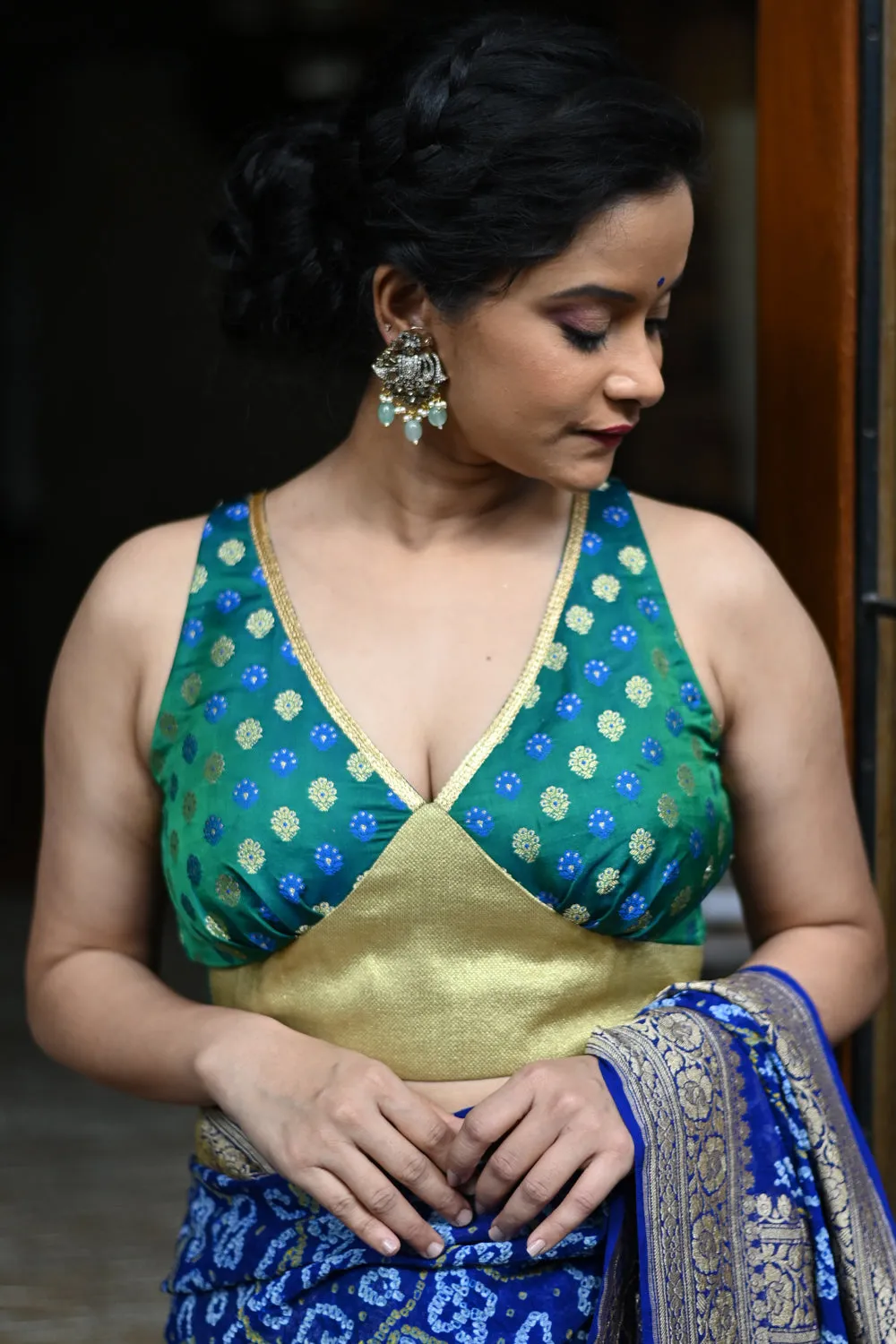Darkcyan & gold brocade V neck blouse