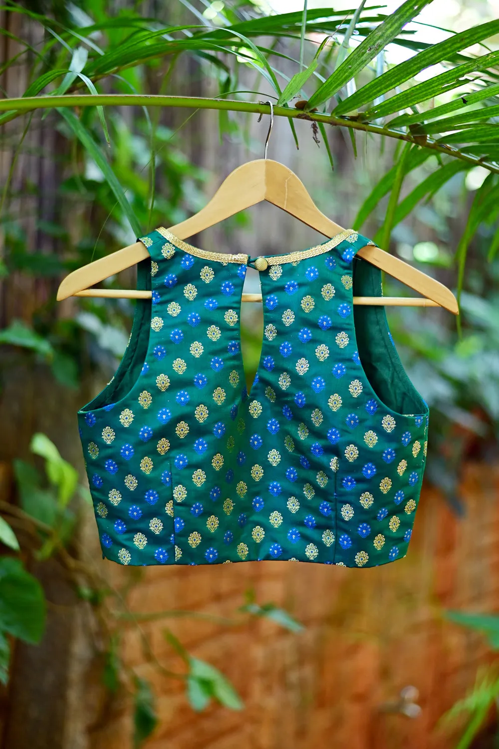 Darkcyan & gold brocade V neck blouse