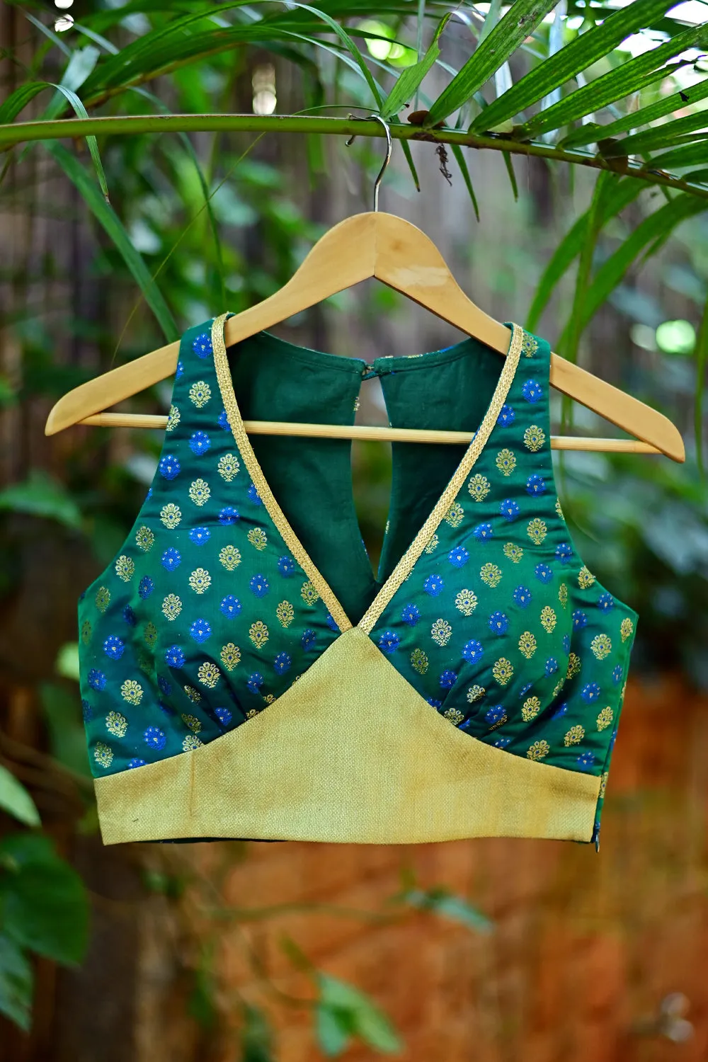 Darkcyan & gold brocade V neck blouse