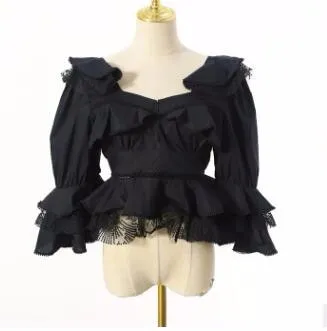 deanwangkt Ruffle Lace Blouse Women White Shirt  Autumn Sexy Ladies Square Neck Tops Puff Sleeve Korean Fashion Clothing