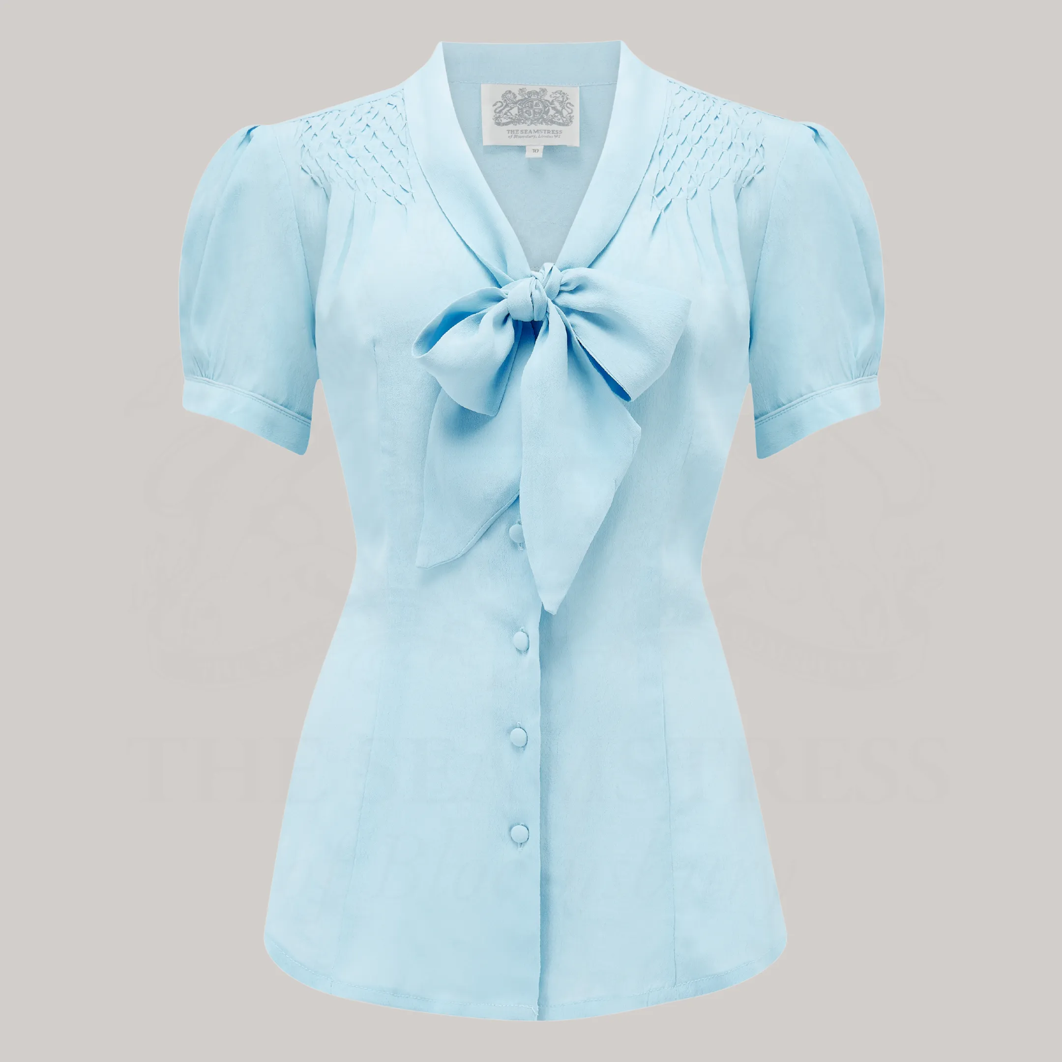 Eva Pussy Bow Blouse Short Sleeve in Powder Blue