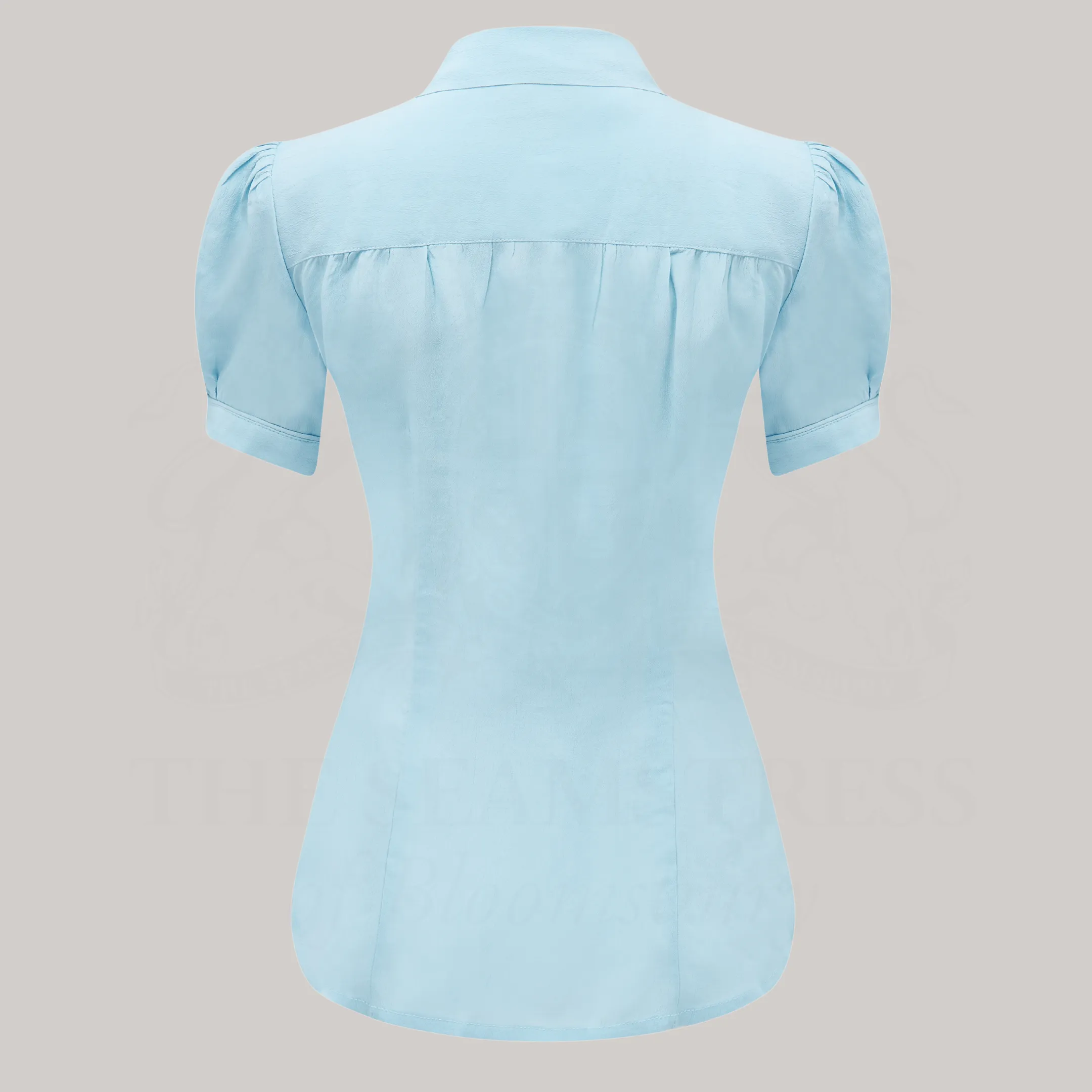 Eva Pussy Bow Blouse Short Sleeve in Powder Blue