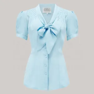 Eva Pussy Bow Blouse Short Sleeve in Powder Blue