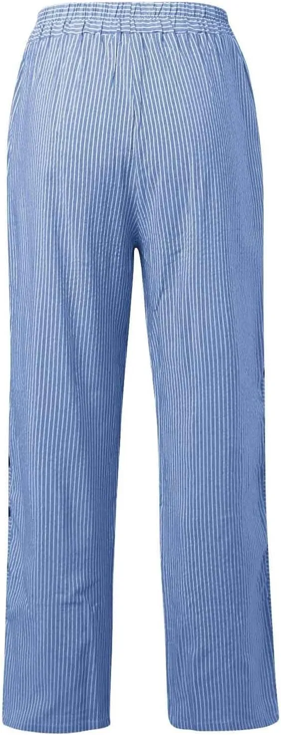 Linen Pants Women Cropped Side Button Elastic Waist Pants Casual Summer Beach Trousers with Pockets