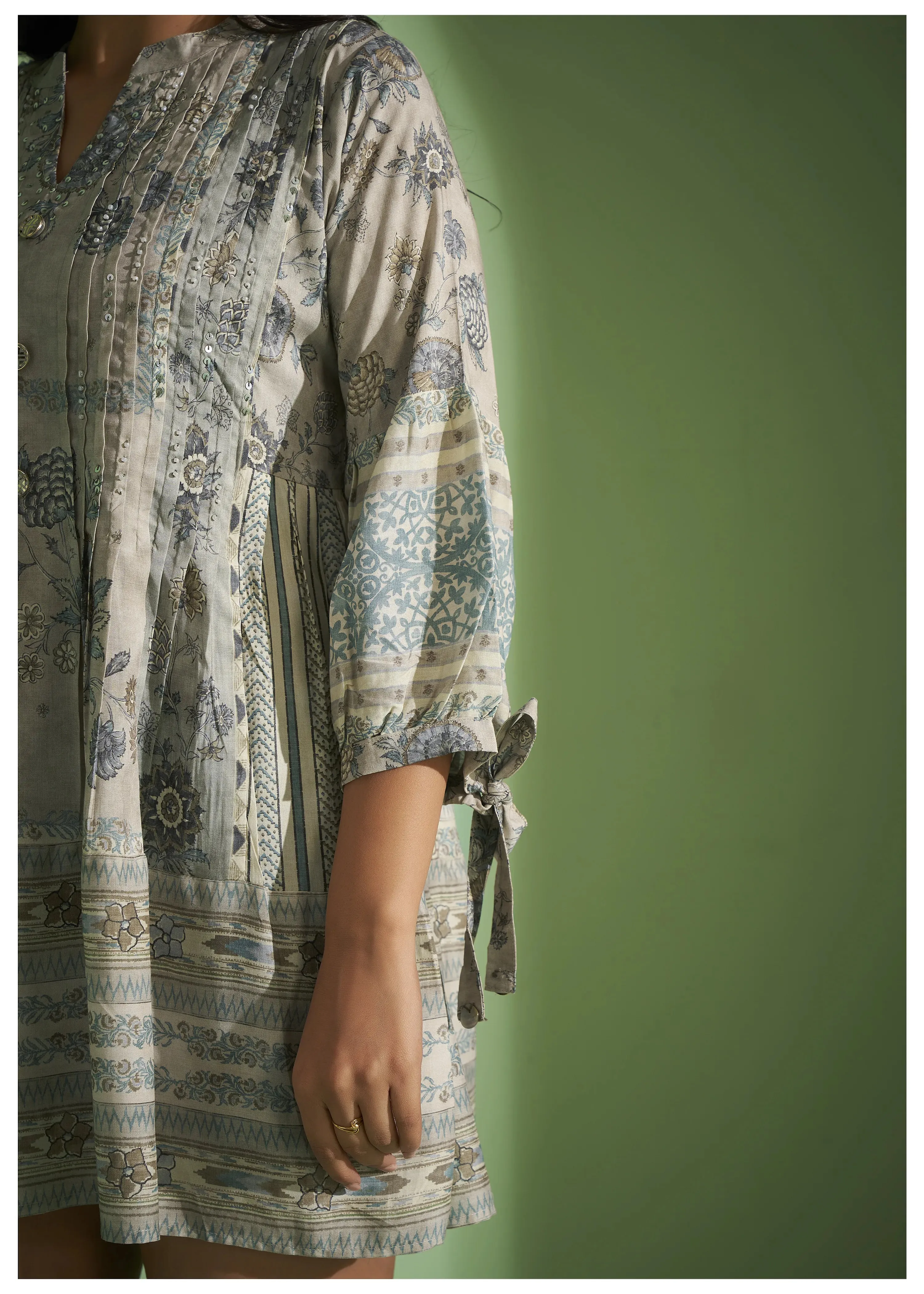Multi-Floral Print Cotton Viscose Pleated Tunic