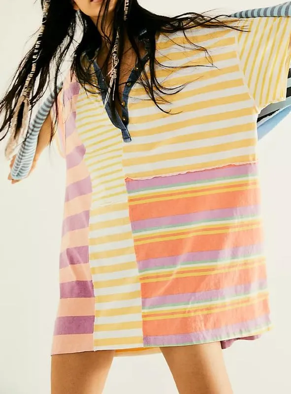 NUFIWI Y2K Striped Shirt Mini Dress for Women Oversized Stripe Tunic Tshirt Dresses Short Sleeve Buttons Loose Fit Tee Dress