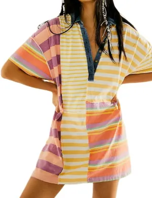 NUFIWI Y2K Striped Shirt Mini Dress for Women Oversized Stripe Tunic Tshirt Dresses Short Sleeve Buttons Loose Fit Tee Dress