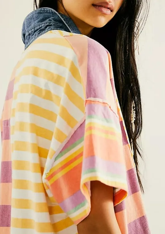 NUFIWI Y2K Striped Shirt Mini Dress for Women Oversized Stripe Tunic Tshirt Dresses Short Sleeve Buttons Loose Fit Tee Dress