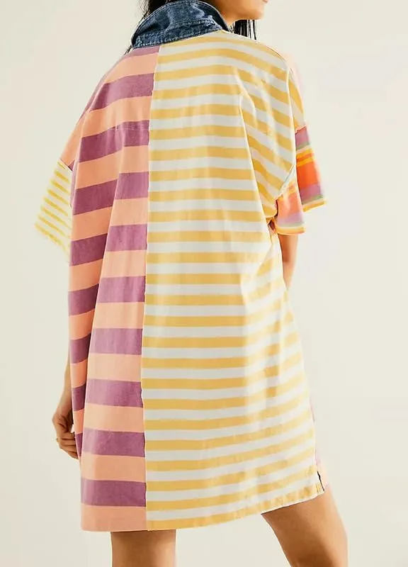NUFIWI Y2K Striped Shirt Mini Dress for Women Oversized Stripe Tunic Tshirt Dresses Short Sleeve Buttons Loose Fit Tee Dress