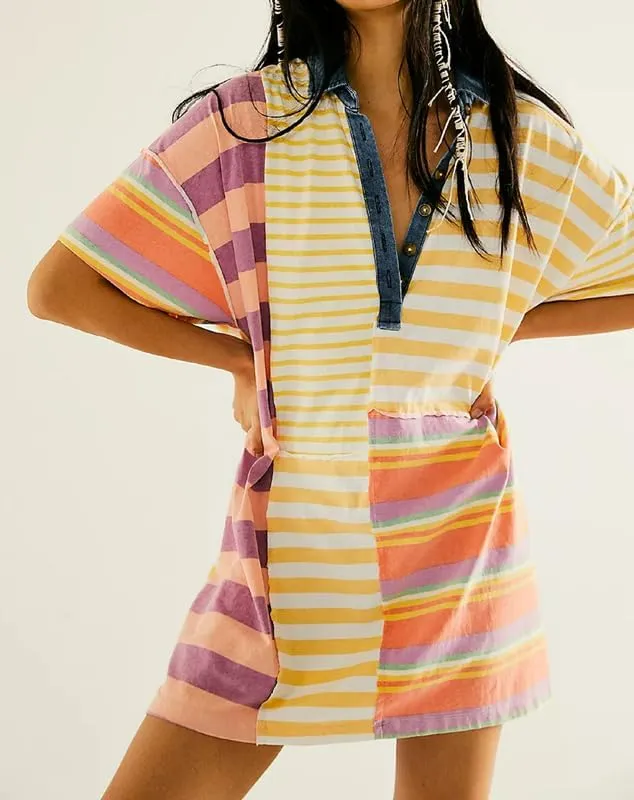 NUFIWI Y2K Striped Shirt Mini Dress for Women Oversized Stripe Tunic Tshirt Dresses Short Sleeve Buttons Loose Fit Tee Dress