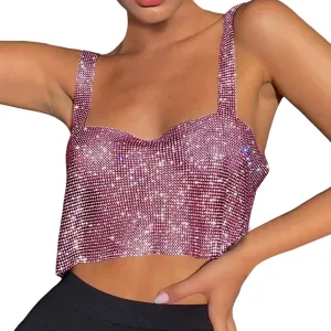 Sequin Summer Tank Tops for Women Club Cropped Rhinestone Glitter Sleeveless Spring Blouses Sparkle Camisole Party