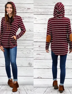 Striped Hoodie with Elbow Patches and Pockets Long Sleeve Top