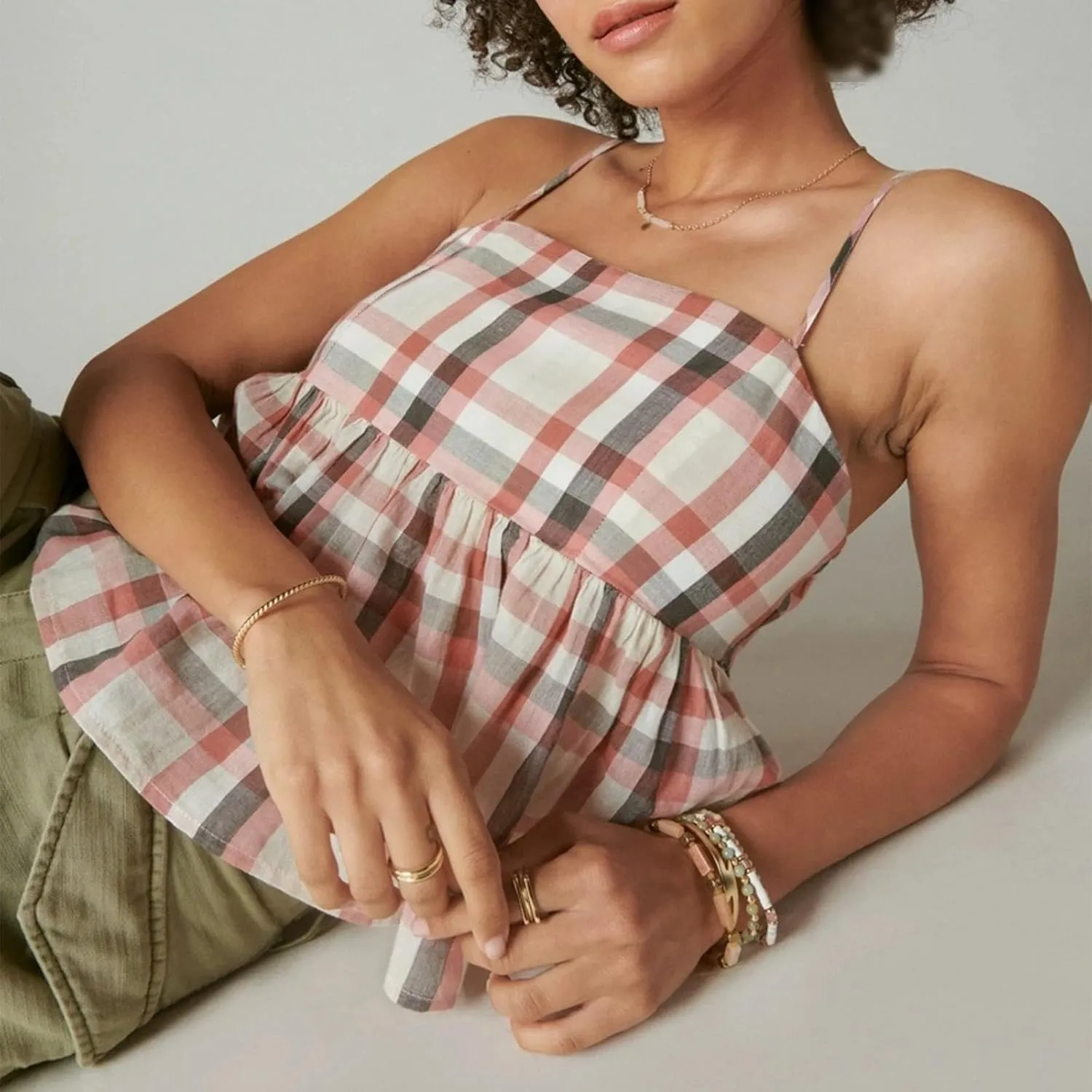 Striped Tank Trim Plaid Neck Ruffle Camisole Out Shirt