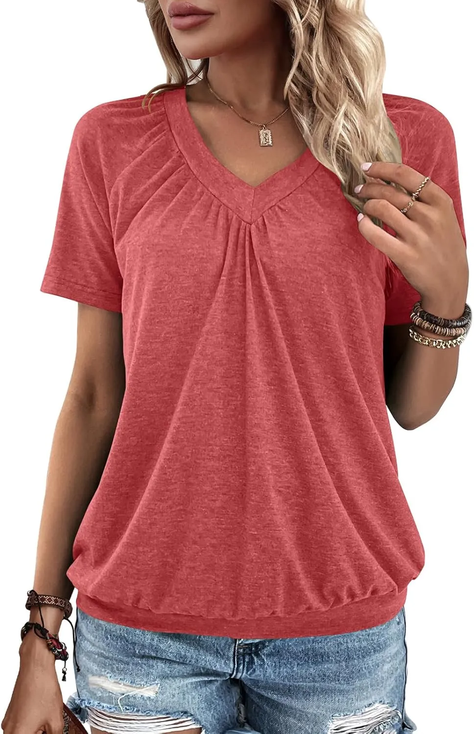 Summer Tops for Women 2025 Shorts Sleeve Womens Tops,V Neck Soft Casual Loose Fit Ruched Top T Shirts Tee Clothes