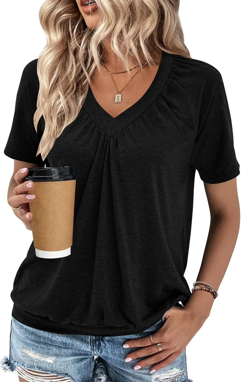 Summer Tops for Women 2025 Shorts Sleeve Womens Tops,V Neck Soft Casual Loose Fit Ruched Top T Shirts Tee Clothes