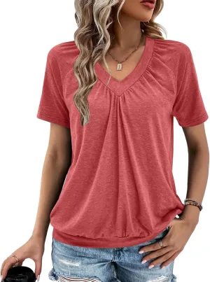 Summer Tops for Women 2025 Shorts Sleeve Womens Tops,V Neck Soft Casual Loose Fit Ruched Top T Shirts Tee Clothes