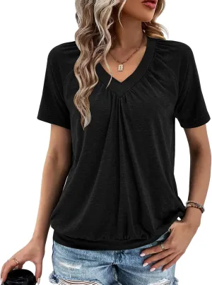 Summer Tops for Women 2025 Shorts Sleeve Womens Tops,V Neck Soft Casual Loose Fit Ruched Top T Shirts Tee Clothes