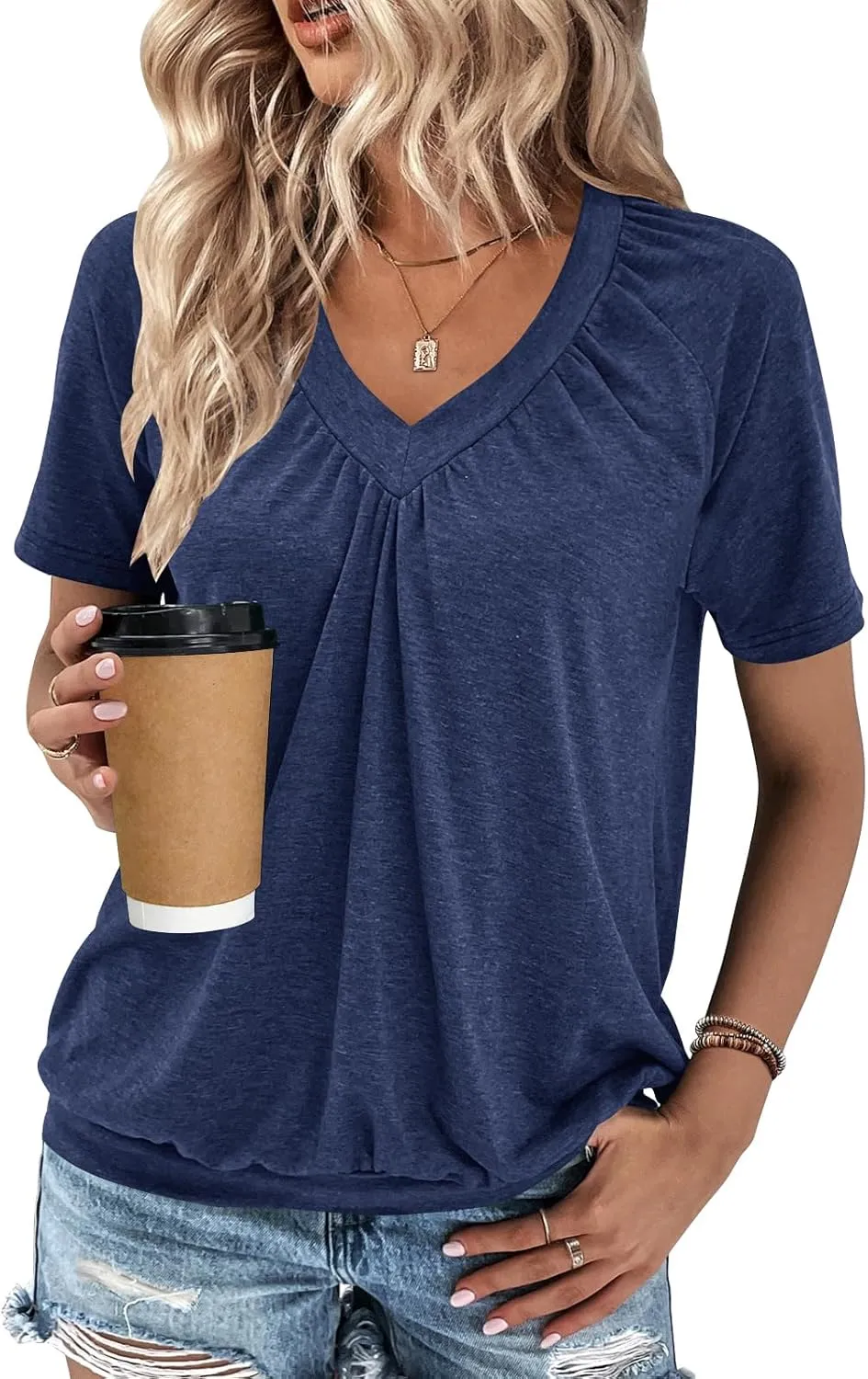 Summer Tops for Women 2025 Shorts Sleeve Womens Tops,V Neck Soft Casual Loose Fit Ruched Top T Shirts Tee Clothes