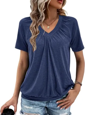 Summer Tops for Women 2025 Shorts Sleeve Womens Tops,V Neck Soft Casual Loose Fit Ruched Top T Shirts Tee Clothes