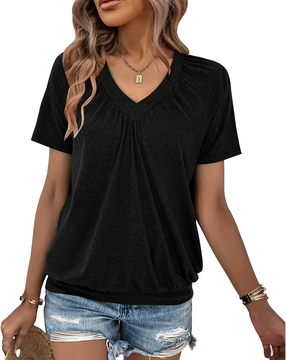 Summer Tops for Women 2025 Shorts Sleeve Womens Tops,V Neck Soft Casual Loose Fit Ruched Top T Shirts Tee Clothes