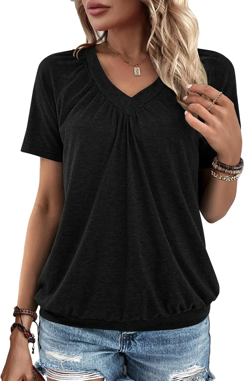 Summer Tops for Women 2025 Shorts Sleeve Womens Tops,V Neck Soft Casual Loose Fit Ruched Top T Shirts Tee Clothes