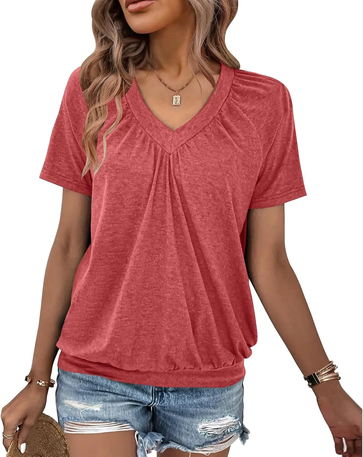 Summer Tops for Women 2025 Shorts Sleeve Womens Tops,V Neck Soft Casual Loose Fit Ruched Top T Shirts Tee Clothes