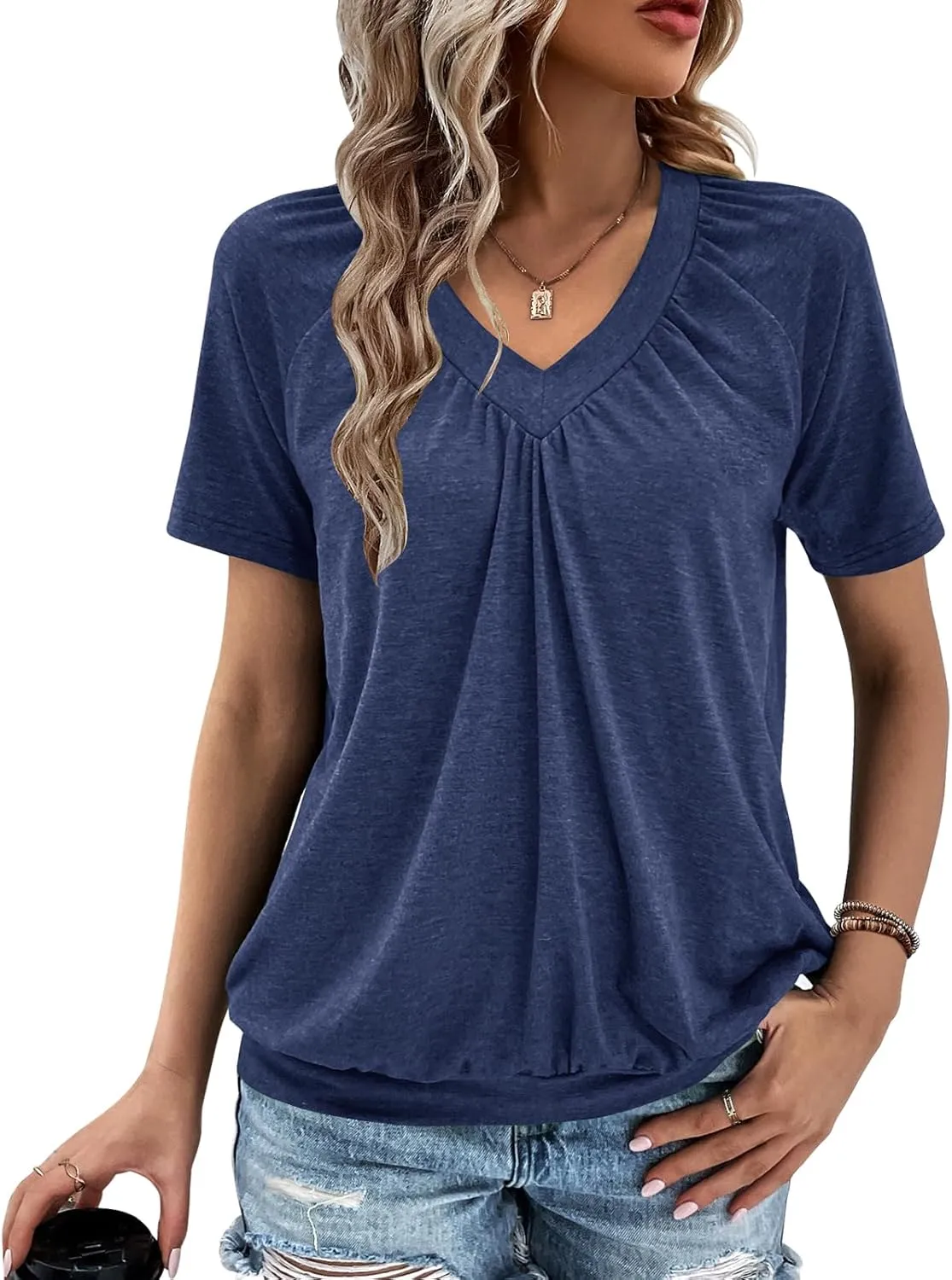 Summer Tops for Women 2025 Shorts Sleeve Womens Tops,V Neck Soft Casual Loose Fit Ruched Top T Shirts Tee Clothes