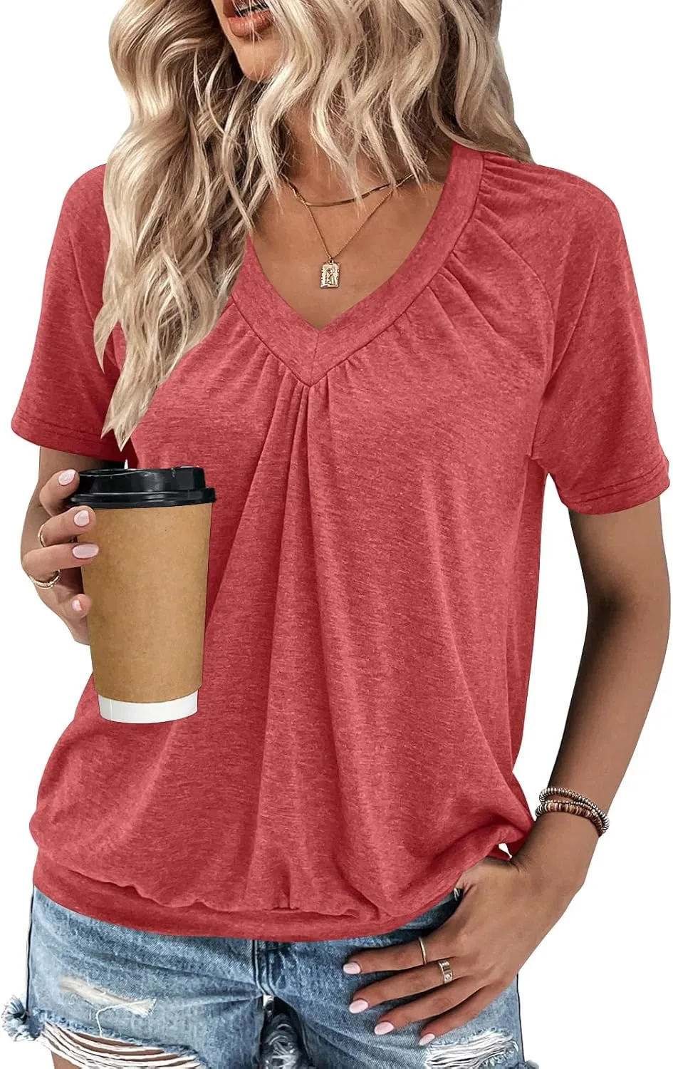 Summer Tops for Women 2025 Shorts Sleeve Womens Tops,V Neck Soft Casual Loose Fit Ruched Top T Shirts Tee Clothes