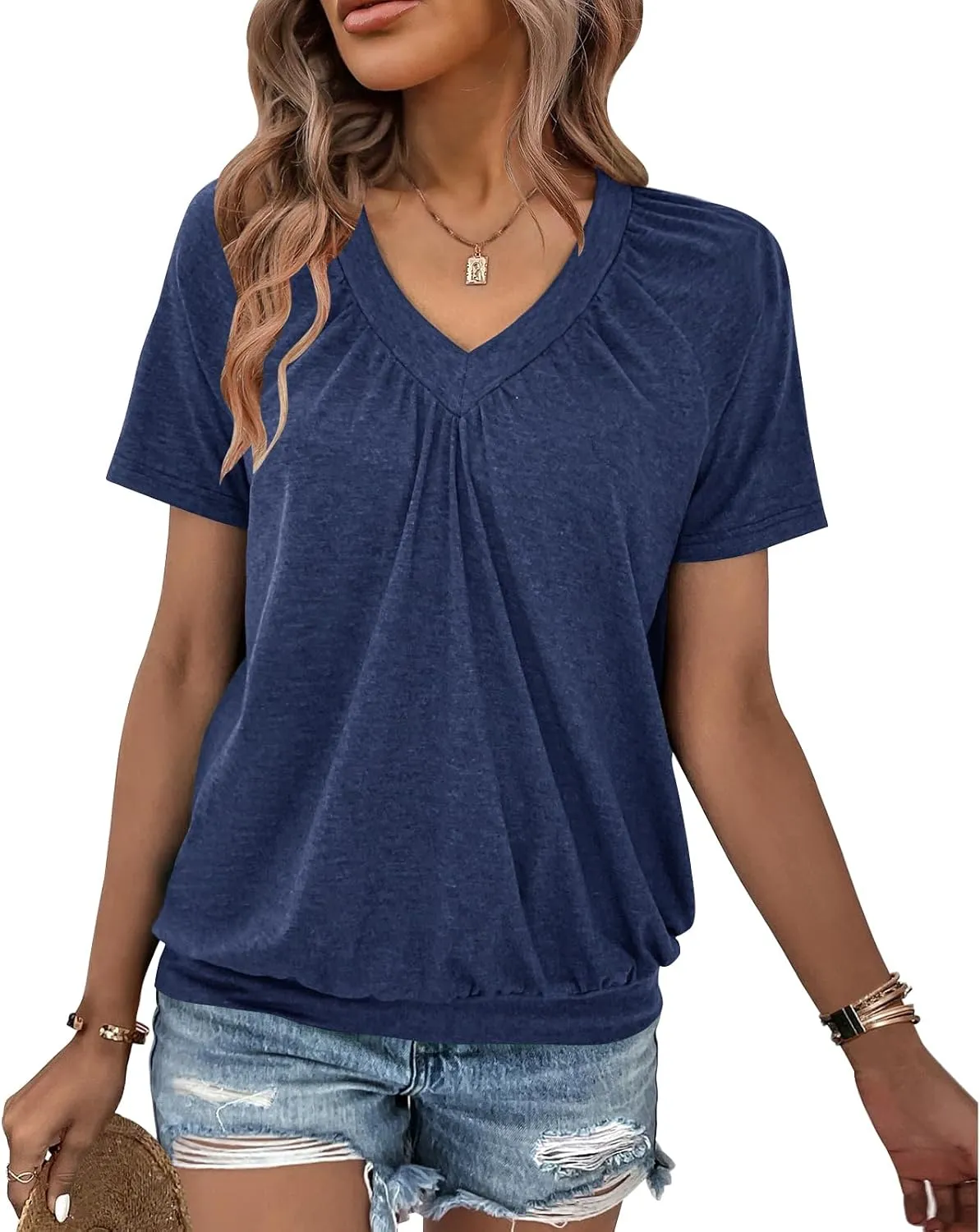 Summer Tops for Women 2025 Shorts Sleeve Womens Tops,V Neck Soft Casual Loose Fit Ruched Top T Shirts Tee Clothes