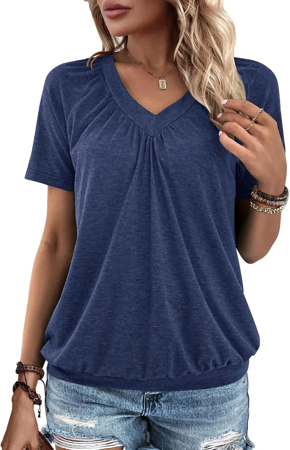 Summer Tops for Women 2025 Shorts Sleeve Womens Tops,V Neck Soft Casual Loose Fit Ruched Top T Shirts Tee Clothes