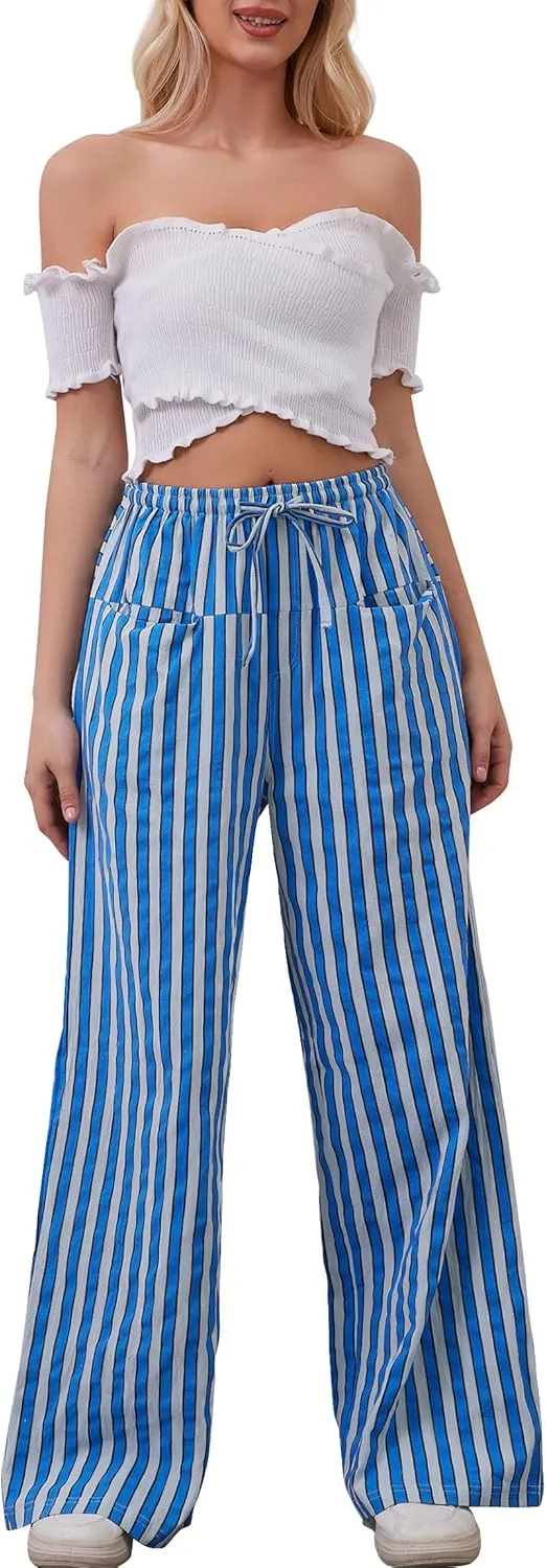 Women Drawstring Stripe Wide Leg Casual Trousers Striped Low Rise Casual Loose Lounge Pants with Pockets