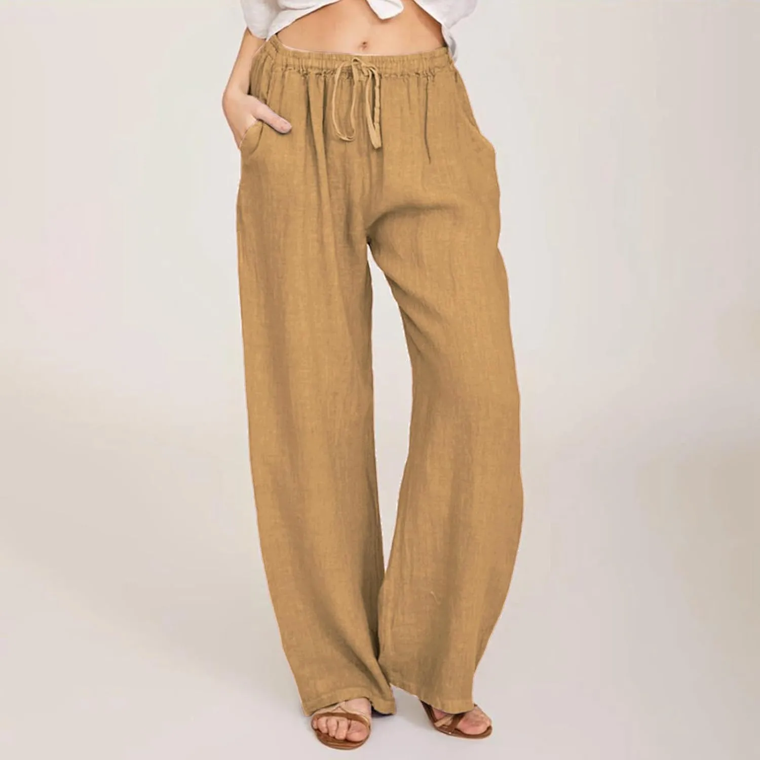 Women High Waist Casual Wide Leg Long Linen Palazzo Pants Trousers Summer Boho Wide Leg Casual Lounge Pants Trendy