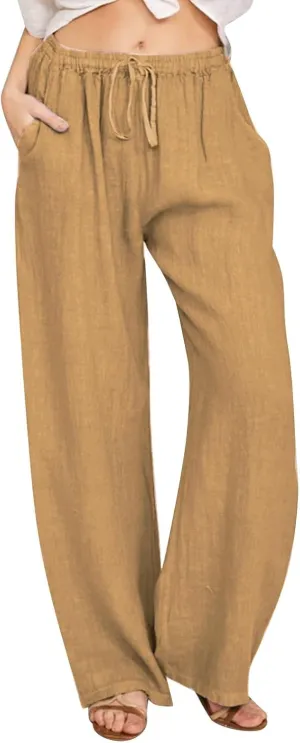 Women High Waist Casual Wide Leg Long Linen Palazzo Pants Trousers Summer Boho Wide Leg Casual Lounge Pants Trendy