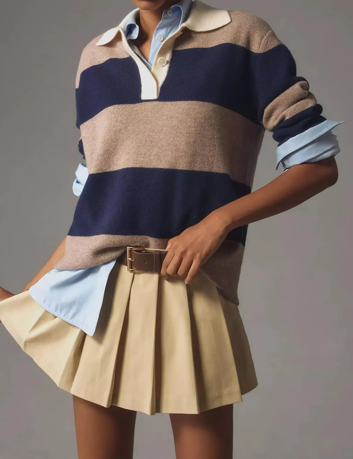 Women Striped Sweater Long Sleeve Lapel Polo V Neck Strip Knit Pullover Casual Layer Top Jumper Y2K Shirt