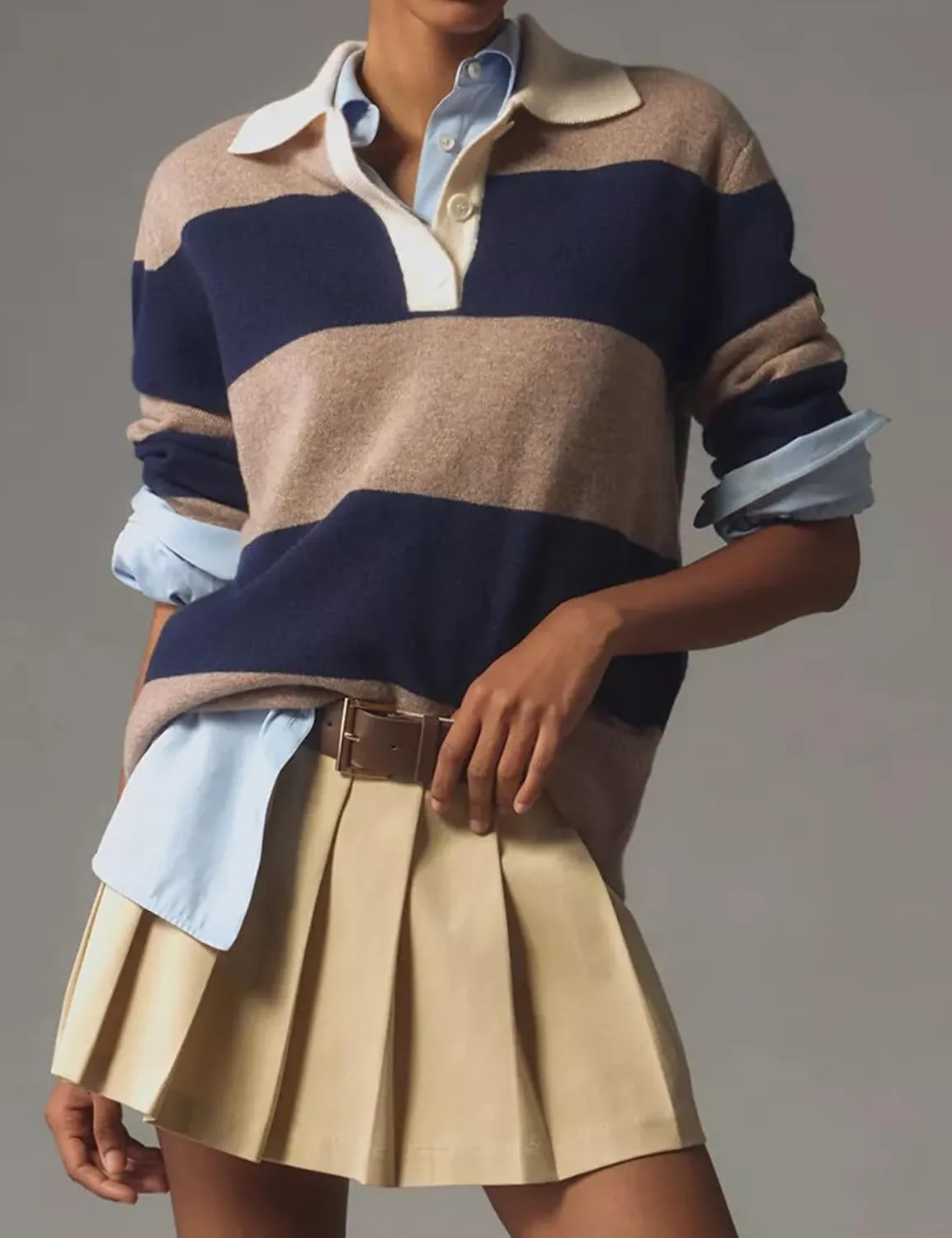 Women Striped Sweater Long Sleeve Lapel Polo V Neck Strip Knit Pullover Casual Layer Top Jumper Y2K Shirt