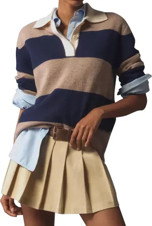 Women Striped Sweater Long Sleeve Lapel Polo V Neck Strip Knit Pullover Casual Layer Top Jumper Y2K Shirt