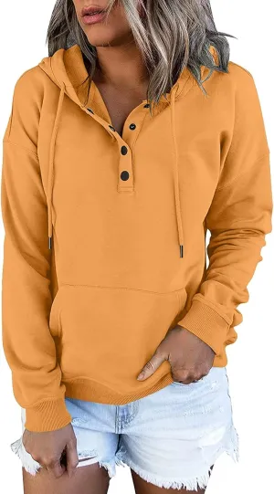 Womens Hoodies Pullover Casual Long Sleeve Button Down Drawstring Hooded Sweatshirts with Pocket Trendy Fall Shirts