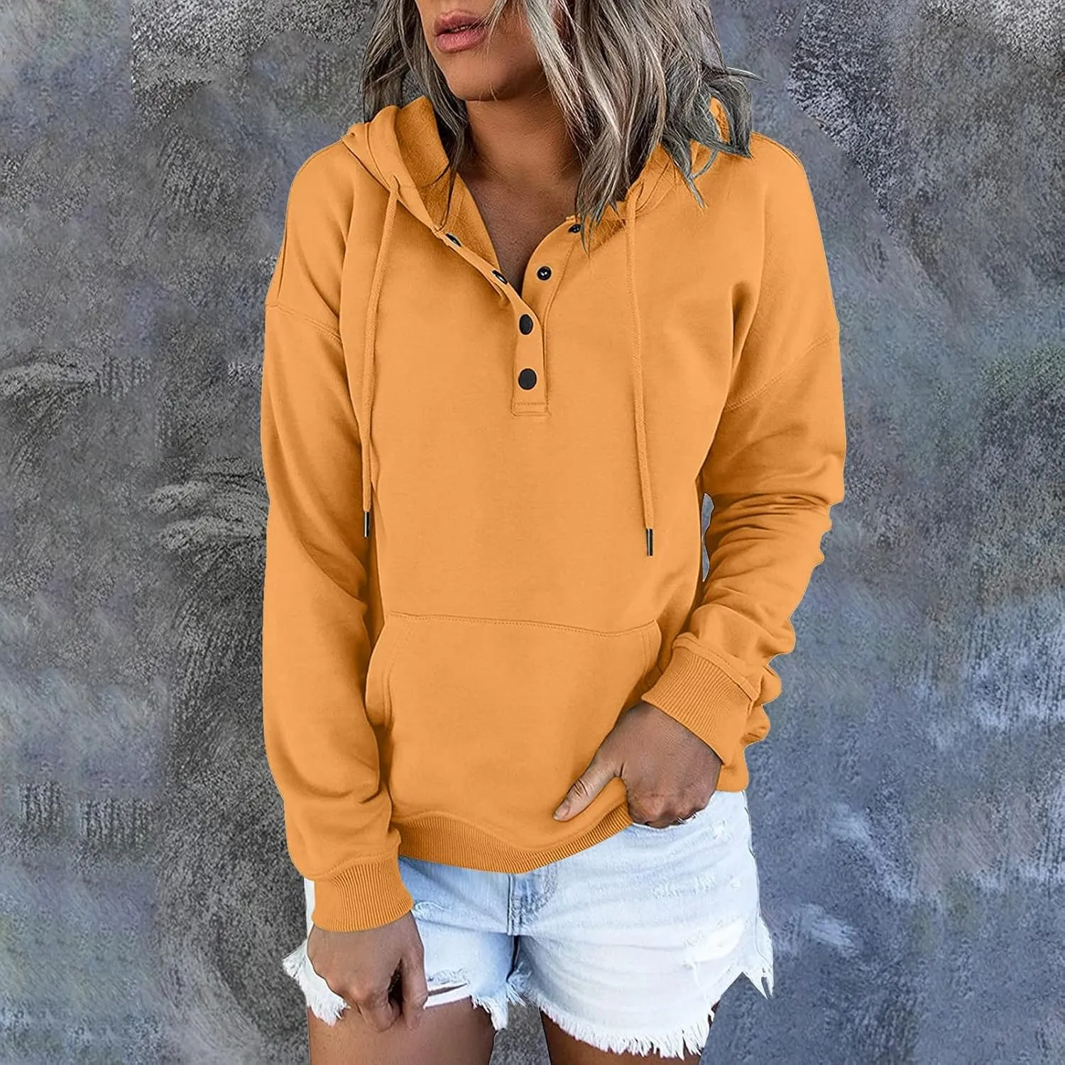 Womens Hoodies Pullover Casual Long Sleeve Button Down Drawstring Hooded Sweatshirts with Pocket Trendy Fall Shirts